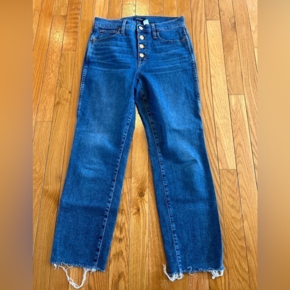 J.Crew Vintage Straight Blue Jeans Women's Sz 27 Button Fly Crop Cutoff Fray Leg
